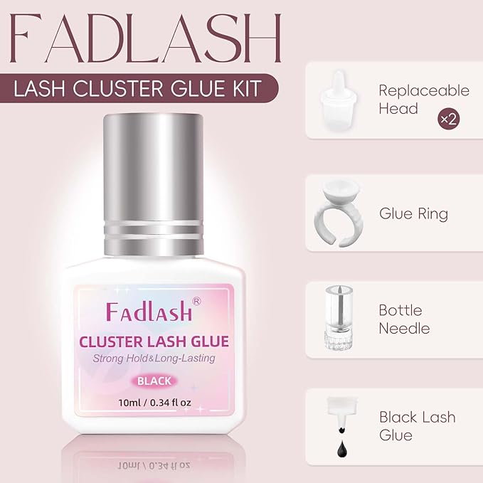 FADLASH Lash Cluster Glue Black Eyelash Glue for DIY Lash Extensions Waterproof 2-3s Fast Drying 2 Weeks Retention Long-Lasting at Home (10ml)
