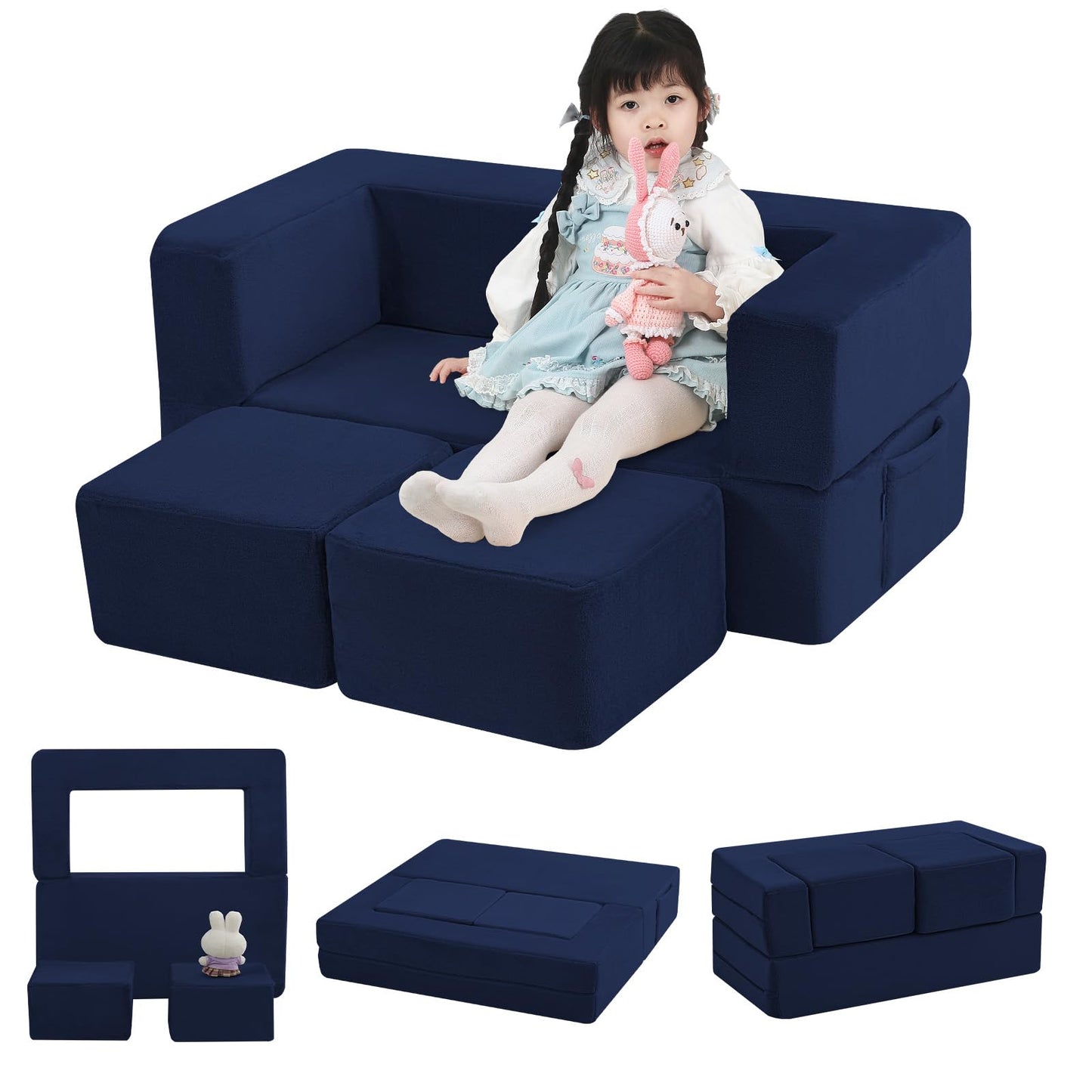 MeMoreCool Convertible Modular Kids Foam Play Couch Sofa – Navy Fold-Out Toddler Couch for Playroom or Bedroom