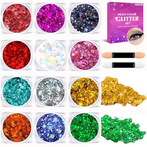 YOOVR Body Hair Face Glitter for Women Teen Girls, 12 Colors Face Painting Makeup Kit, Mardi Gras Valentines St Patricks D...