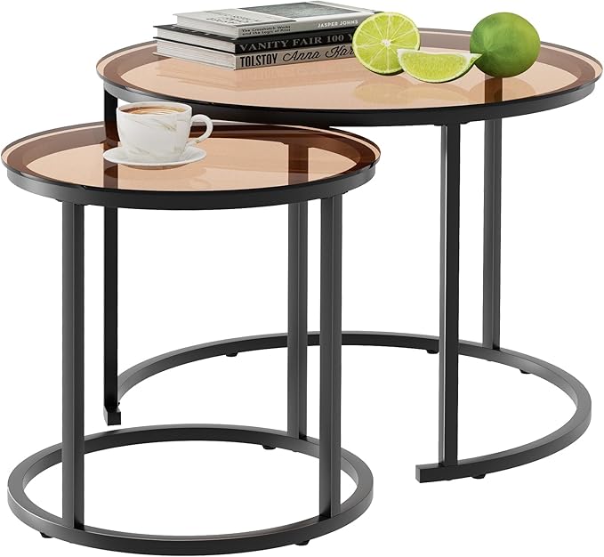 aboxoo Nesting Coffee Table Set of 2, Small Round Glass Nesting Tables for Living Room Bedroom, Accent Tea Table with Metal Frame Modern Industrial Simple