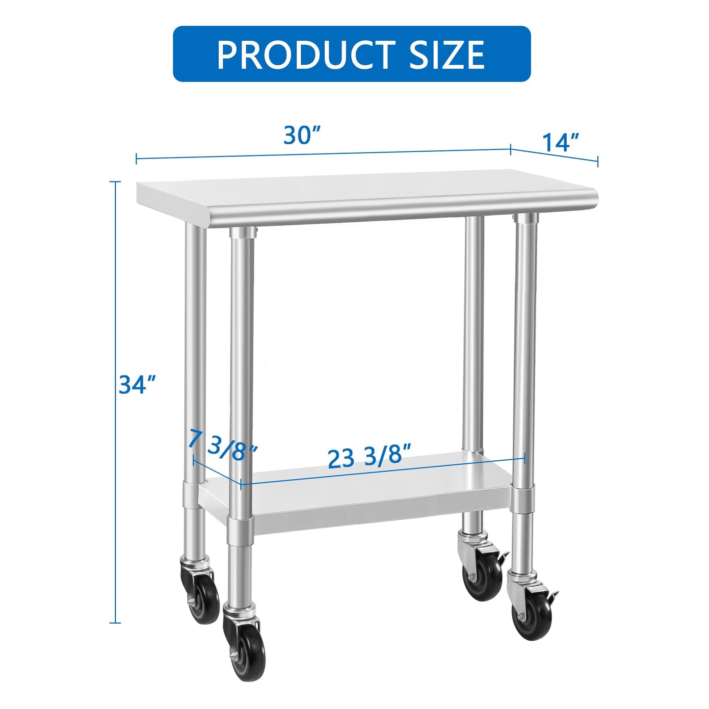 HARDURA Stainless Steel Commercial Table Prep & Work Table with Casters Heavy Duty Metal Table with Wheels NSF 430 14×30 Inches