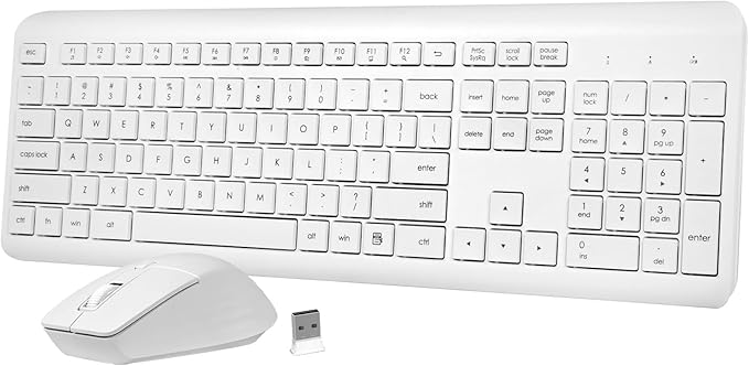 Wireless Keyboard and Mouse Combo, 2.4G Lag-Free Full Size Keyboard with Quiet Low Profile Concave Keys and Adjustable DPI Optical Mouse, Long Battery Life for PC, Windows, MAC Laptop (White)