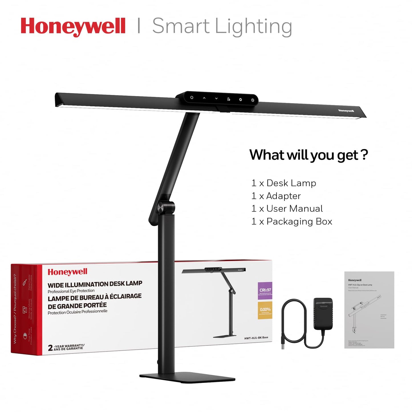 Honeywell LED Desk Lamp with Base - HJ1BK Sunturalux Eye-Caring Architect Desk Lamp for Home Office, 1200LM Computer Desk Light 4 Color Modes Stepless Dimming Task Desk Light with Timer Function Black