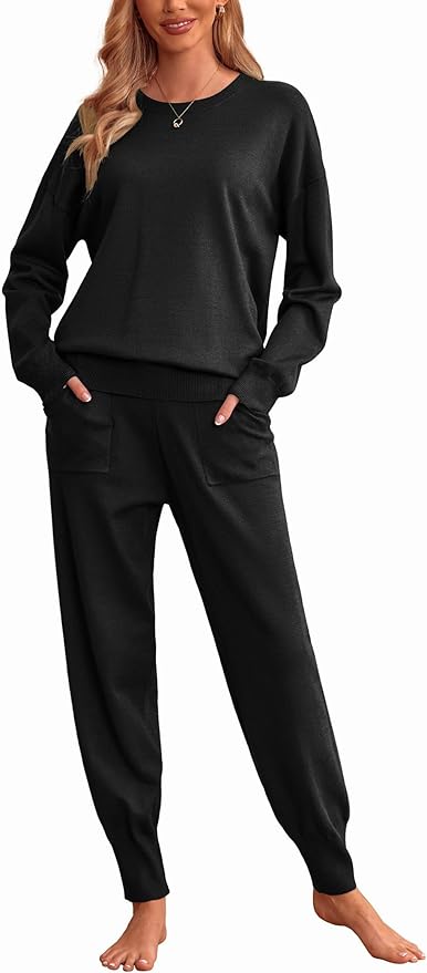 Ekouaer Women's 2 Piece Lounge Set Long Sleeve Knit Pajamas Sweatsuit Jogger Pant Outfits With Pockets S-XXL