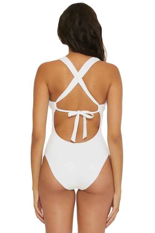 BECCA Women's Standard Modern Edge One Piece Swimsuit, Plunge Neck, Criss Cross, Bathing Suits, White, Small