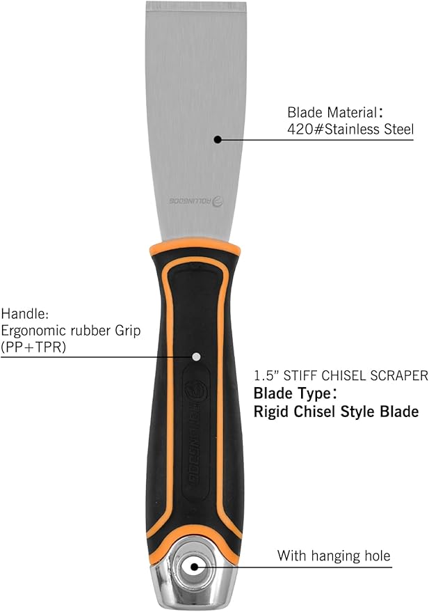 ROLLINGDOG 1.5 Inch Stiff Putty Knife - Stainless Steel Chisel Paint Scraper Tool for Wallpaper Stripping