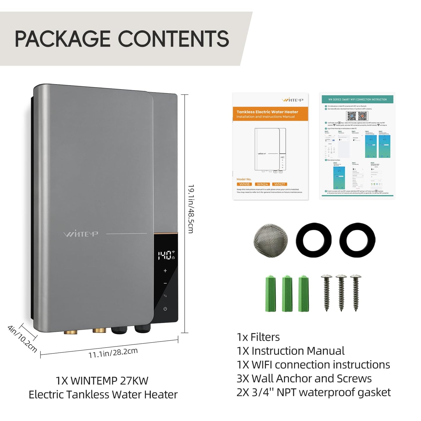 WINTEMP Tankless Water Heater Electric 27kW 240V, Whole House Instant Hot Water, Up to 6.3 GPM, Digital Self-Regulating System, Space-Saving Wall Mount, ETL Certified