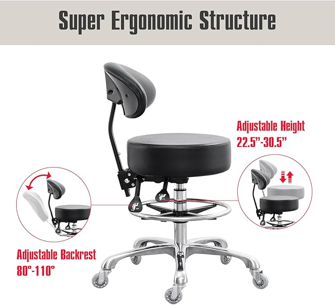 Grace&Grace Drafting Chair Big Cushion Rolling Stool with Back, Tall Shop StoolRolling Chair with Footrest for Studio, Workshop, Classroom, Lab, Counter, Home Office (Black)