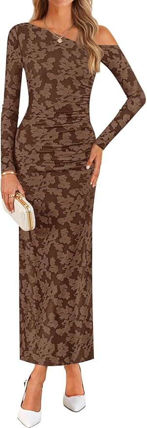 ZESICA Women's Fall Floral Off Shoulder Bodycon Maxi Dresses 2026 Long Sleeve Ruched Elegant Cocktail Party Dress