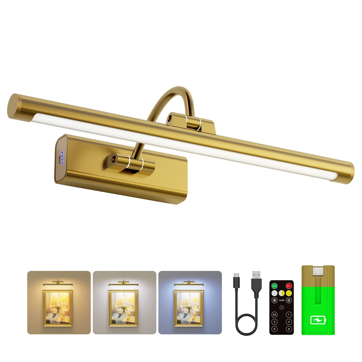 Craftersmark 16" Gallery Picture Light with 1pcs Extra 6000mAh Battery- Brass Cordless Rechargeable Wall Sconce with Remote for Library, Study Room, Art & Renter Use