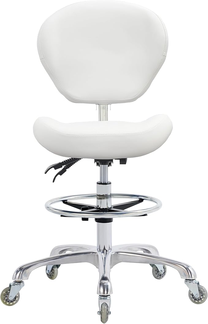 Grace&Grace Drafting Chair Adjustable Tall Shop Stool, Rolling Stool with Back Support for Studio, Classroom, Lab, Counter, Medical (White)