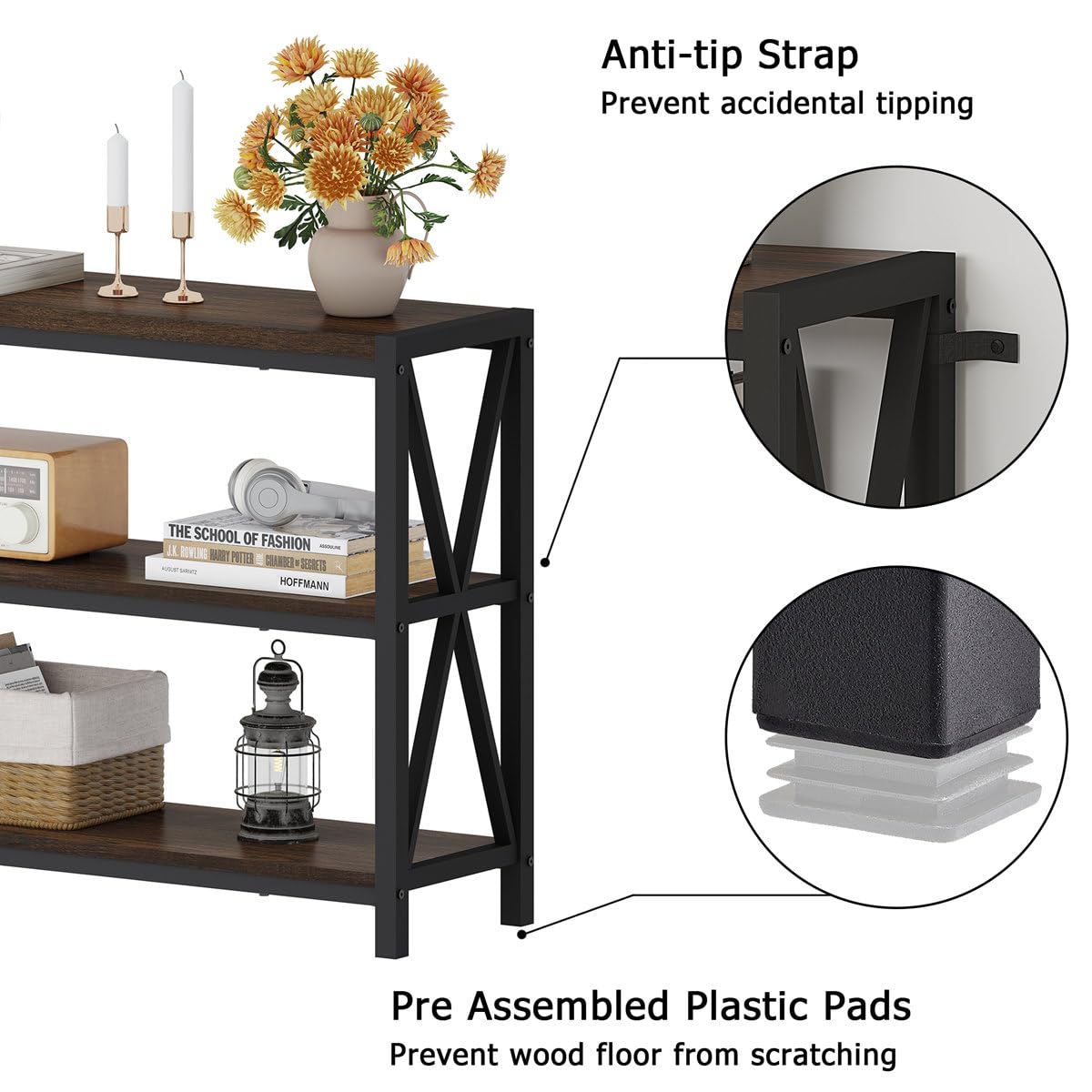 FATORRI Console Table for Entryway, Modern Entry Hallway Table with 3 Tier Shelves, Couch Tables Behind Sofa for Living Room, 55 Inch, Dark Walnut