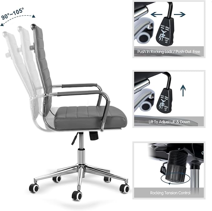 BOWTHY Home Office Chair Ribbed, Modern Leather Conference Waiting Room Chairs,Ergonomic Office Desk Chair, High Back Executive Computer Chair, Adjustable Swivel Chair with Arms (Gray)