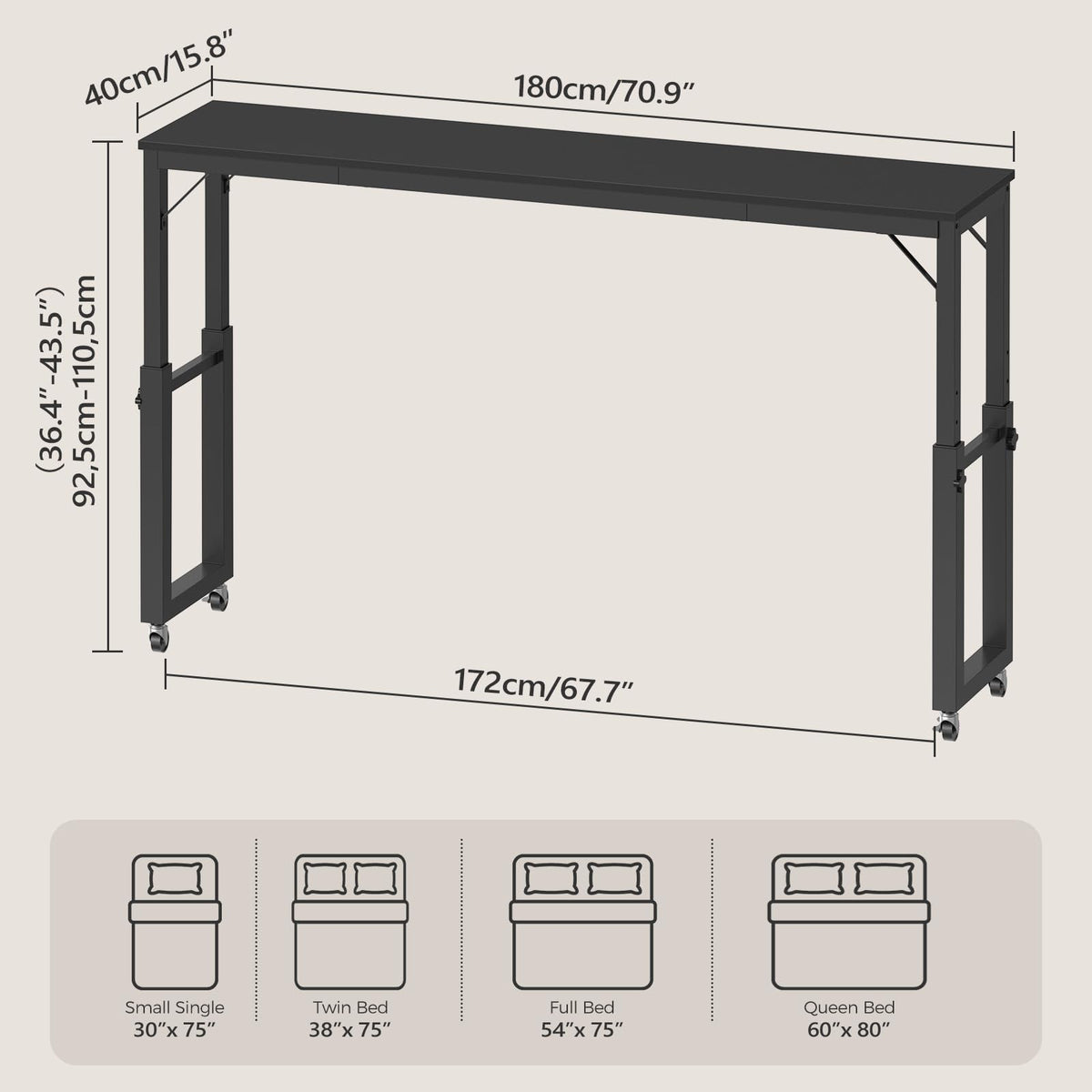 MAHANCRIS Overbed Table with Wheels, Queen Size Mobile Bed Desk with Adjustable Height, Rolling Table, Dining Table, Computer Desk, for Bedroom, Living Room, Office, Black MTBK18001