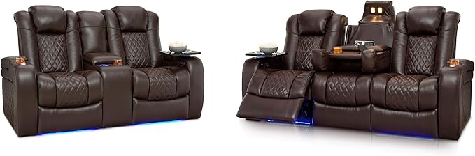 Seatcraft Anthem Italian Leather Sofa w/Fold-Down Table & Loveseat w/Storage Console, Living Room, Power Headrest, Power Recline, Brown