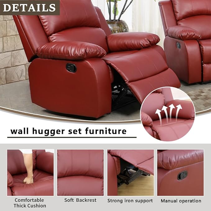 A Ainehome Living Room Furniture Set Leather Recliner Sofa Set Loveseat Chair Furniture Sofa Set for Living Room/Small Space/Rv/House/Office/Theater Seating (A-Red Leather, Chair)