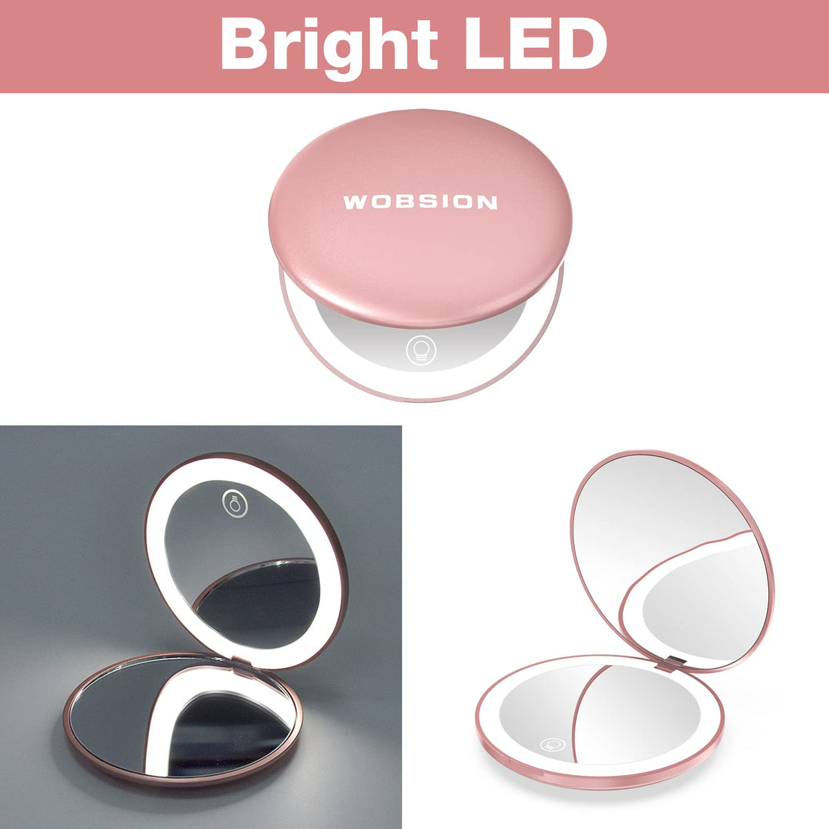 wobsion Travel Mirror with Light, Rechargeable 1x/10x Compact Magnifying Mirror, Dimmable Pocket Mirror,3.5inch Travel Size,Port
