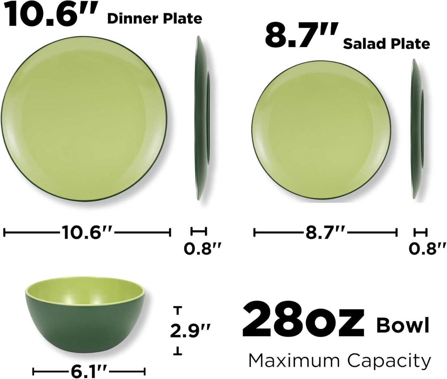 TP 12-Piece Dinnerware Set, Melamine Dishes Set with Bowls and Plates, Non-breakable and Lightweight Dinner Service for 4, Avocado Green