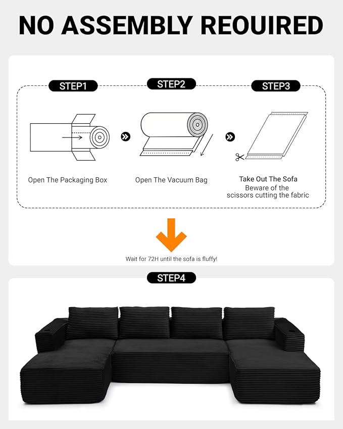 132 Inch Modular Sectional Sleeper Sofa, Boneless Cloud Couch for Living Room, U Shaped 5 Seat Sofa with 2 Cup Holders, Free Combination, No Assembly Required (Black)