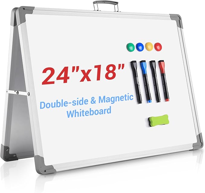 White Board Dry Erase 24" x 18", Magnetic Portable Foldable Whiteboard Double Sided Desktop Dry Erase Board Easel on Table...