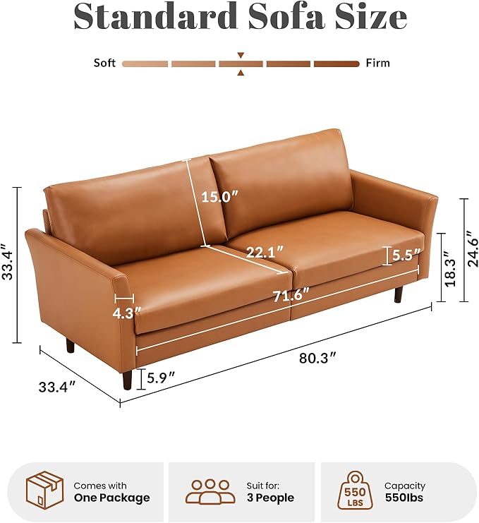 Kingfun Faux Leather 3 Seat Couch for Living Room, Mid Century Modern Sofa with Rolled Arms and Deep Seats, Fluffy Comfort for Apartment, Easy to Assemble, Mid Brown 80inch