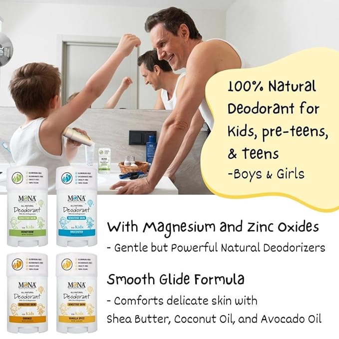 MONA 100% Natural Deodorant for Kids | Safe For Girls & Boys with Sensitive Skin | Baking Soda Free, Aluminum Free | Vegan, Non-GMO, Gluten and Cruelty free (2-PK ORANGE 1.76 Oz each)