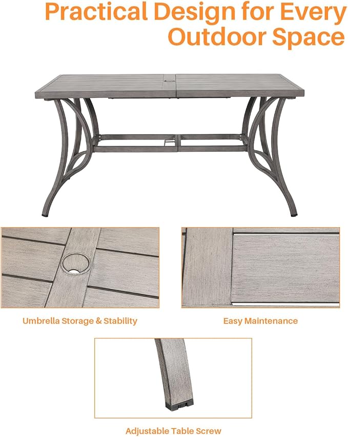 SEEHILL Patio Dining Table for 6, All Weather Outdoor Dining Table with Umbrella Hole, 59.8" x 35.8" Rectangle Patio Table, 6 Person Aluminum Outdoor Patio Table for Deck, Garden Poolside, Limed Oak