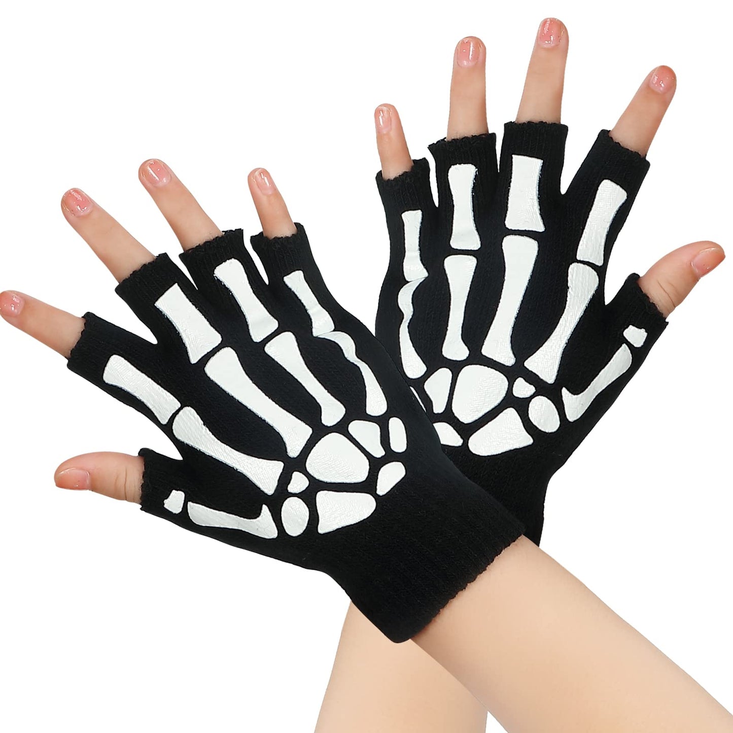 Tatuo 3 Pairs Skeleton Fingerless Glove Glow in the Dark Glove for Kid Adult Halloween(Large)