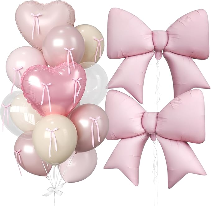 16Pcs Pink Heart Balloons, 38 Inch Bow Balloons, Double Stuffed Pearl Pink Clear Balloon and Bow Heart Shaped Foil Balloon...