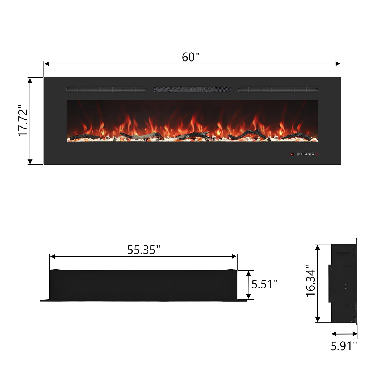 Valuxhome Wall Mounted and Recessed 60 Inches Electric Fireplace Inserts with Remote Control, 13 Flame and Flue Bed Colors, Fireplace Heater for Indoor Use,750/1500W