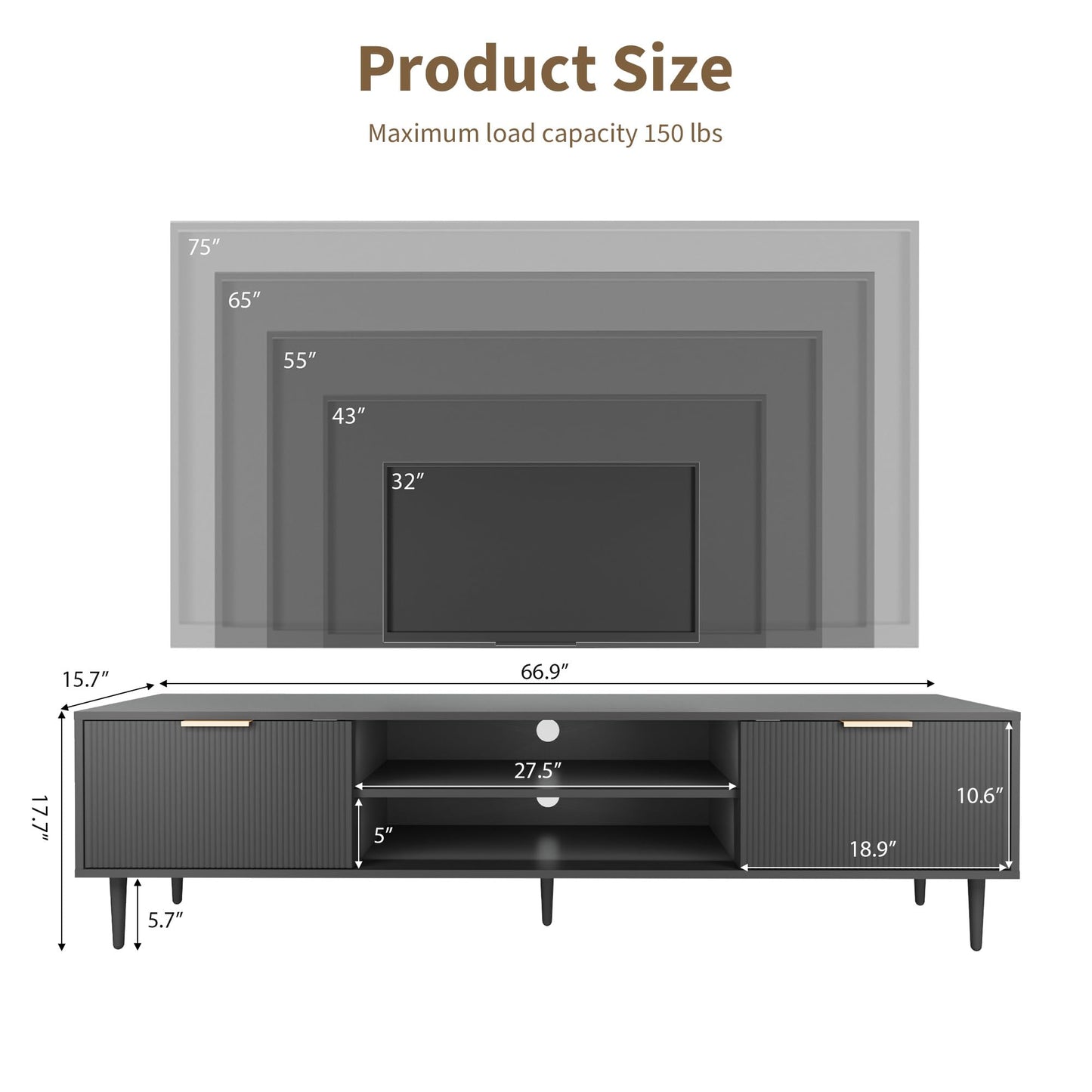 Black TV Stands, Mid Century Modern TV Stand, with 2 Large Storage Cabinets, for TVs Up to 75 in, Black Entertainment Center with Fluted Panel Design, TVs Stands for Living Room, for Bedroom, Office