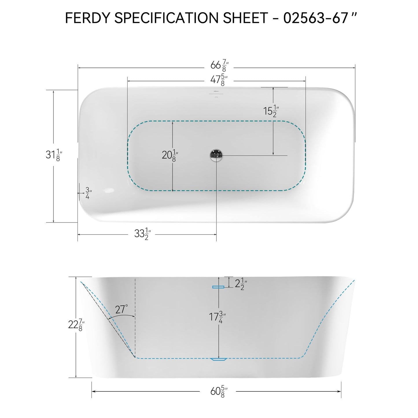 FerdY Maui 67" Freestanding Bathtub Elegant Freestanding Soaking Bathtub, Glossy White, cUPC Certified, Toe-Tap Chrome Drain & Overflow Assembly Included