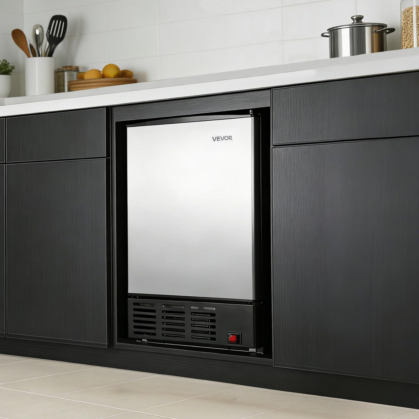 VEVOR 15" W Under Counter Ice Maker, 15 LBS/Day Crescent Ice Maker Built-in with 11LBS Storage Bin & Reversible Door, Freestanding Ice-Making Machine for Commercial Home Kitchens - No Drain Required