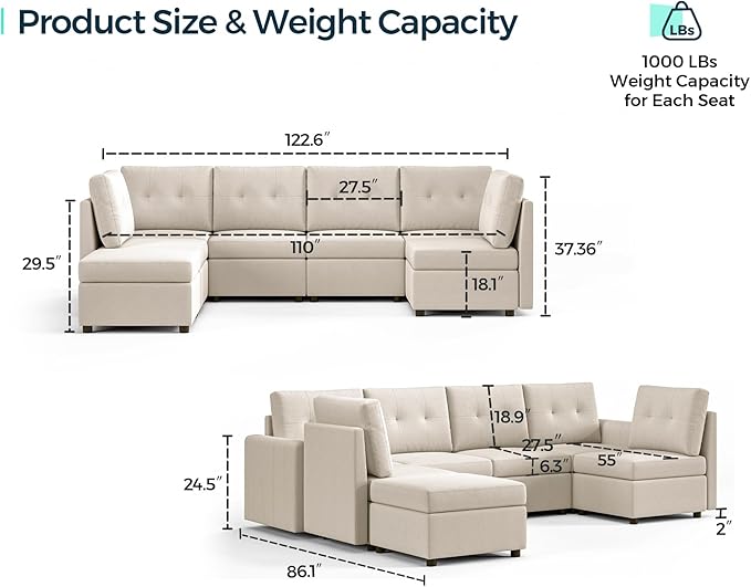 LINSY HOME Modular Sectional Sofa Oversized, Rubik III Removable Cover Living Room Couches with Storage Deep Seat & Ottoman Chaise L/U Shaped Sofa Modern Couch (Dark Grey)