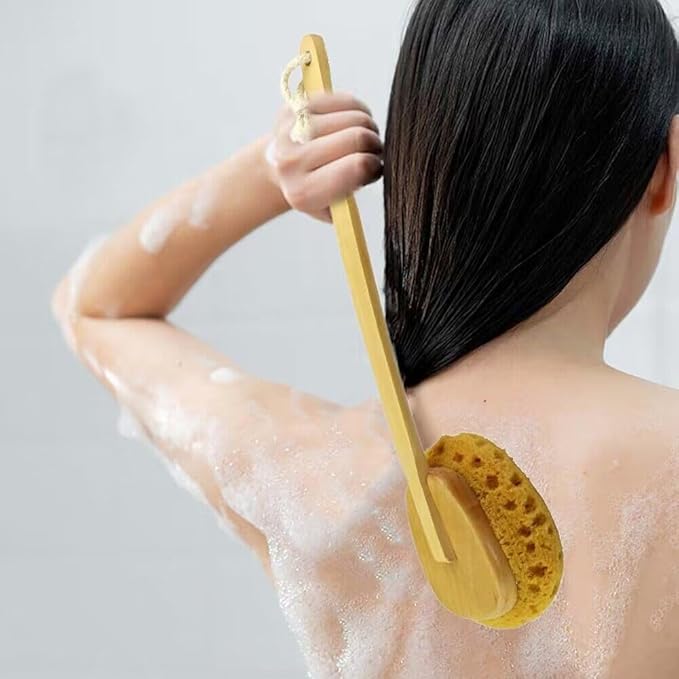 18" 2pcs Extra Long Handle Beechwood Bath Brush for Shower with Sponge - Exfoliating & Massaging Back Scrubber Bath Brush Gentle Exfoliating Lotion Applicator
