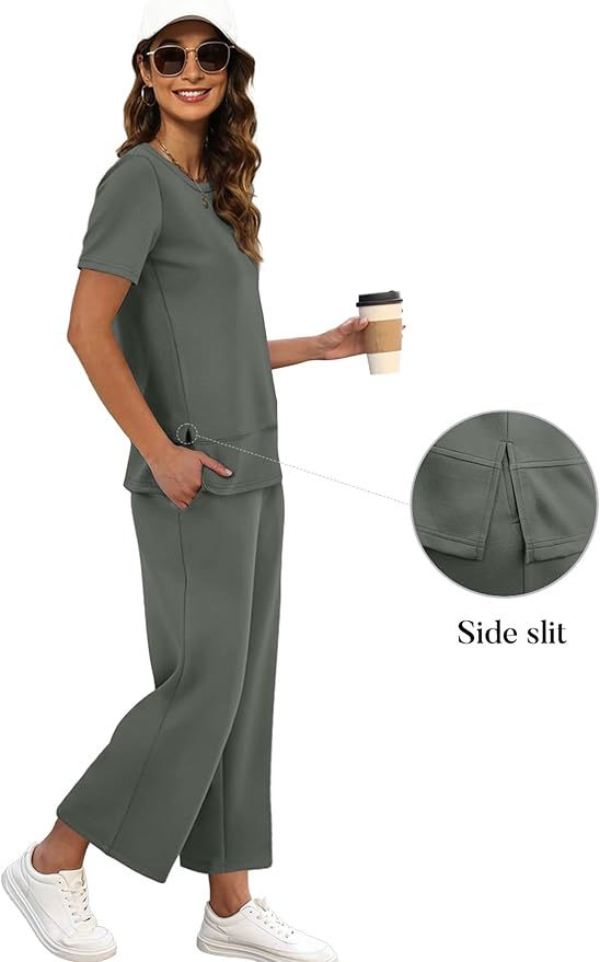 XIEERDUO Women's Side Slit Lounge Sets 2026 Fashion 2 Piece Travel Outfits Cozy Loungewear Wide Leg Tracksuits S-3XL