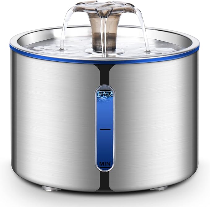 BOORCA Cat Water Fountain, 84oz/2.5L Stainless Steel Pet Water Fountain, Automatic Dog Water Dispenser with Water Level Wi...