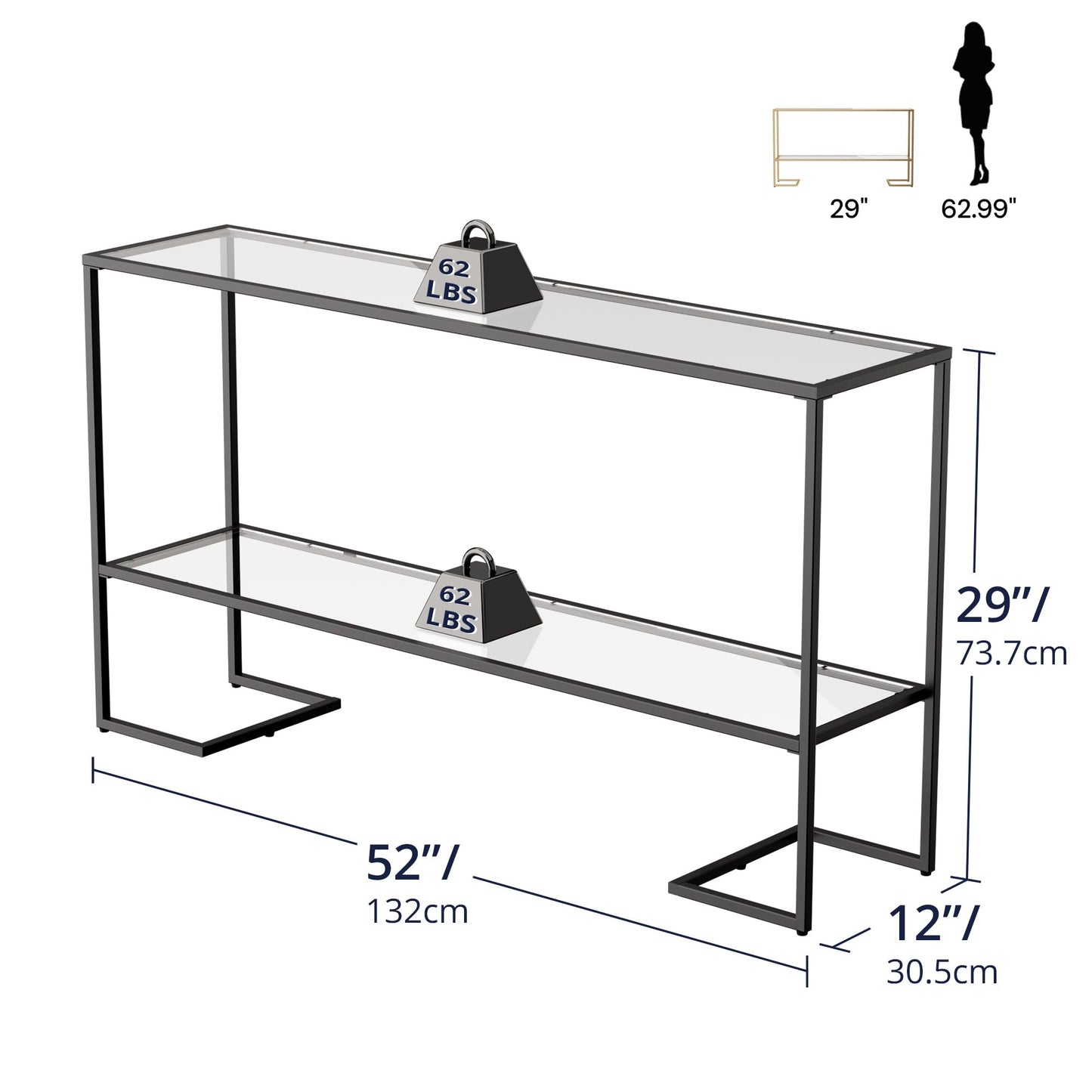 Cozy Castle 52" Console Table, 2-Tier Narrow Tempered Glass Sofa Table with Metal Frame for Living Room, Hallway, Bedroom, Black