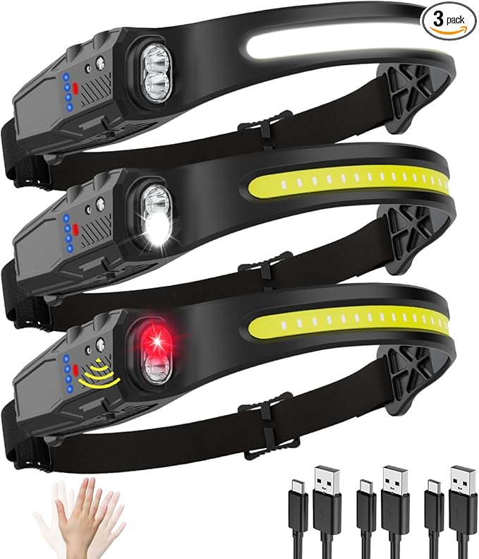 Headlamp Rechargeable 3Pack, 230° Wide Beam LED Headlamp, 7Mode Headlamps for Adults, Head Lamp with Motion Sensor, Red Li...