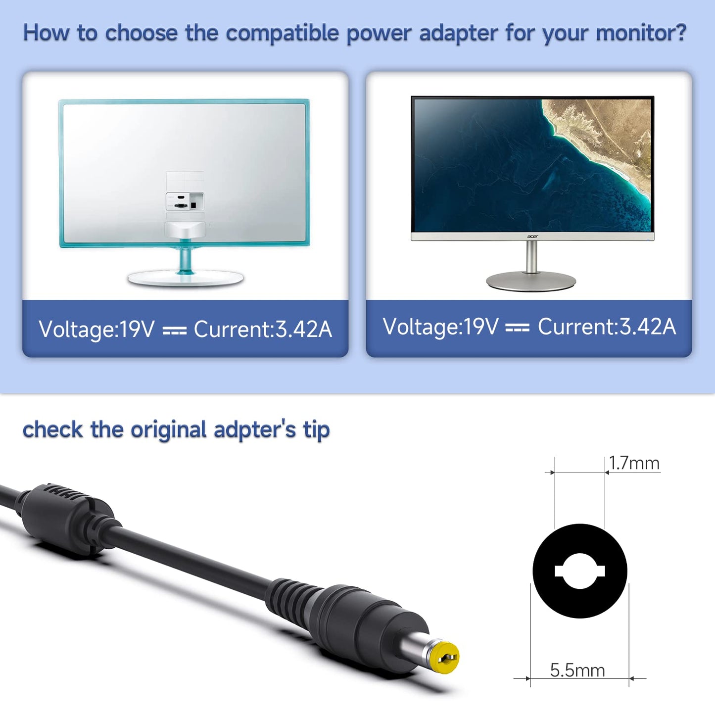 I Ibacase 19V 65W Ac Adapter Power Cord Compatible With Acer Lcd Monitor Sa370 H226Hql And More Series - Replacement Charger