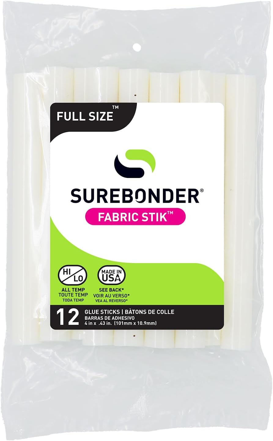 Surebonder Fabric Hot Glue Sticks, Full Size, 4-Inch, Machine Washable Adhesive for Denim, Felt, Leather, and More – Strong, Flexible Bond, 12 Pack, White