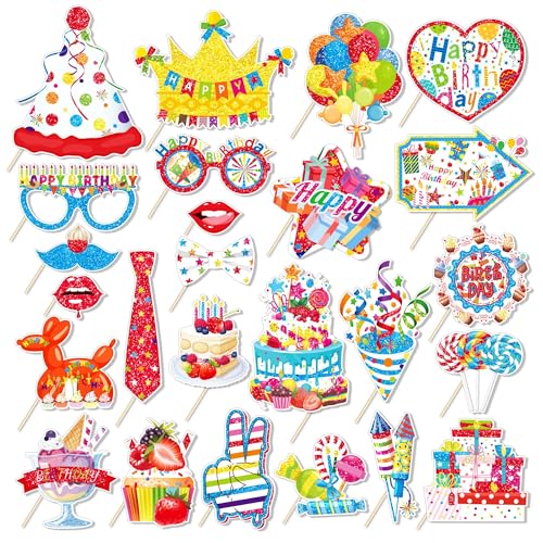 25Pcs Funny Birthday Photo Booth Props with Stick, Theme Selfie Props, Party Supplies, Photography Backdrop Decorations
