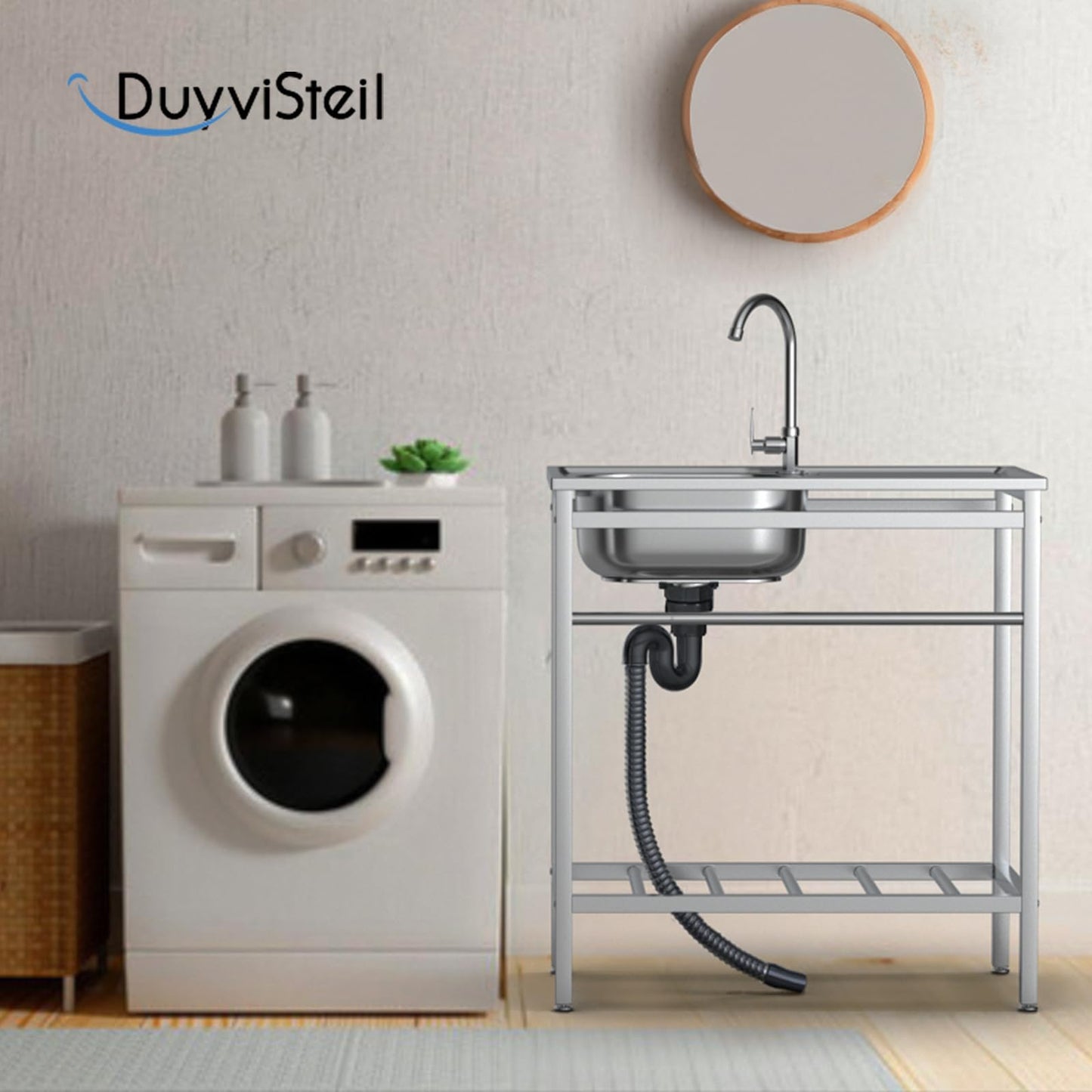 DuyviSteil Free Standing Single Bowl Kitchen Sink, Stainless Steel Utility Sink with Dual-inlet Design Faucet for Kitchen, Garage, Backyard