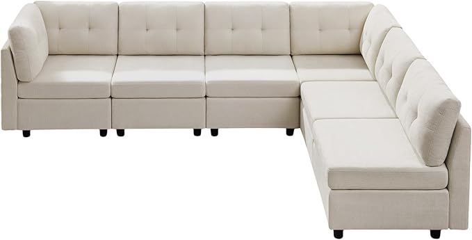 VANOMi 6 Seater Sectional Couches for Living Room, 118" Convertible Modular Cloud Sofa, Comfy Chenille Sofas & Couches for Living Room, Apartment, Office, White, L/U Shaped