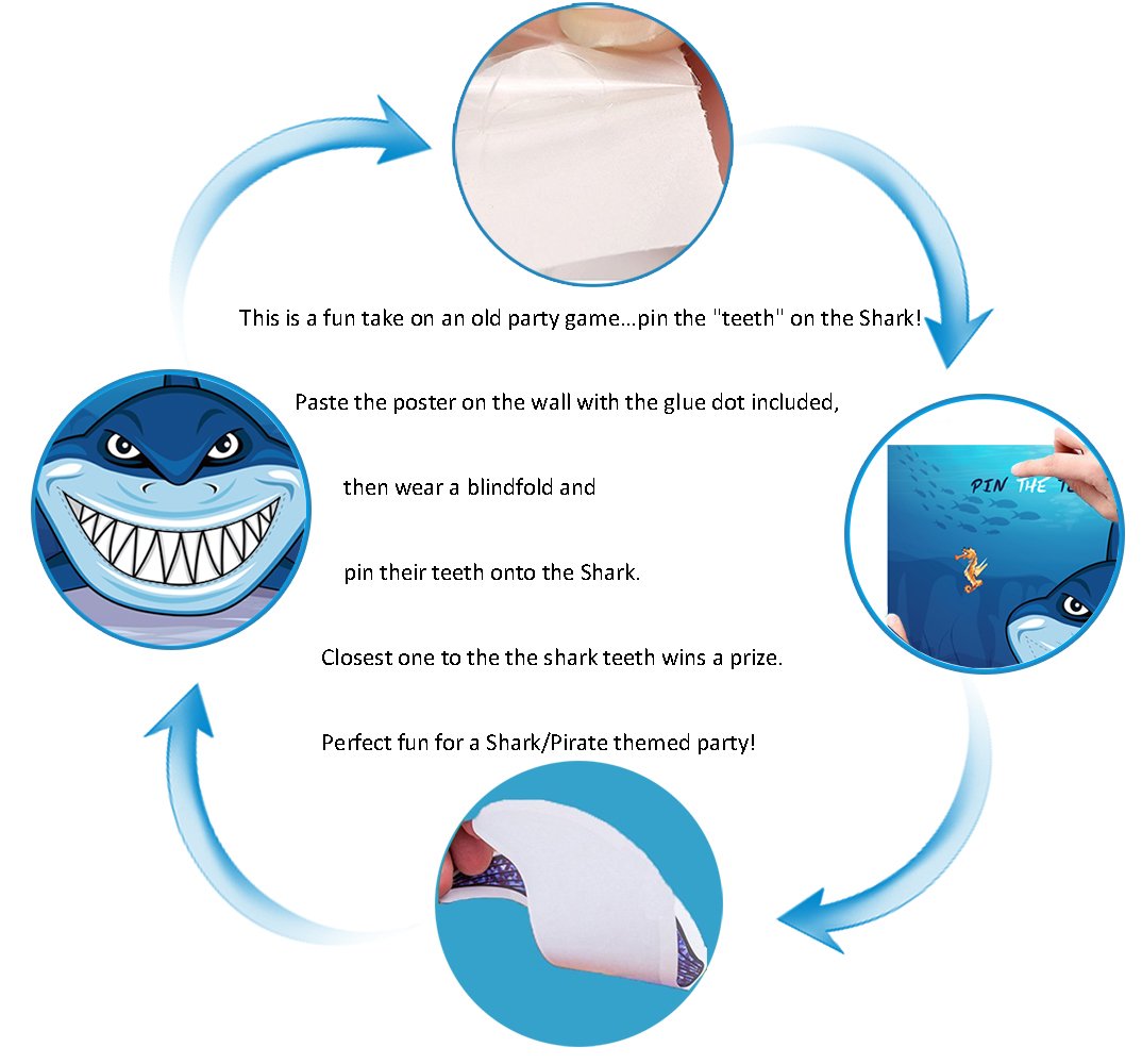 CocoHut Shark Party Supplies, Pin The Teeth on The Shark, Shark Party Games, 15PCS Teeth for Shark Theme Kids Under The Sea/Pool/Beach Birthday/Baby Shower Party Supplies Decorations