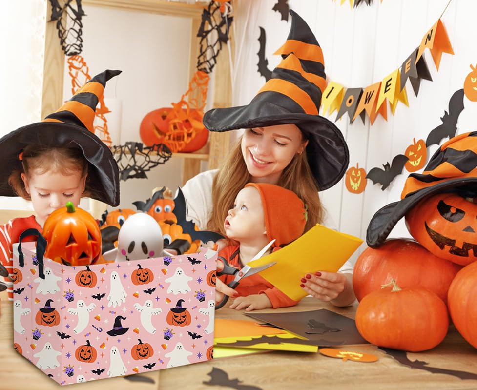DDBASKET Rectangular Halloween Basket Pink Baskets Trick or Treat Basket Rectangular Toy Storage Bin Organizer Box Room Decor for Halloweens Parties.(Pink Halloween)