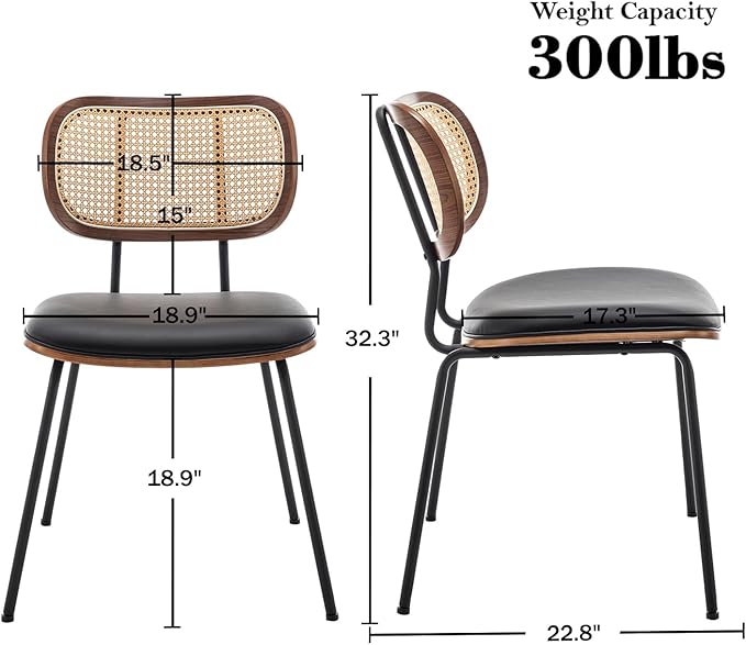 HOCEWI Rattan Dining Chairs Set of 2, Mid Century Modern Dining Chairs with Cane Back for Kitchen Dining Room, 19 Inch Faux Leather Black