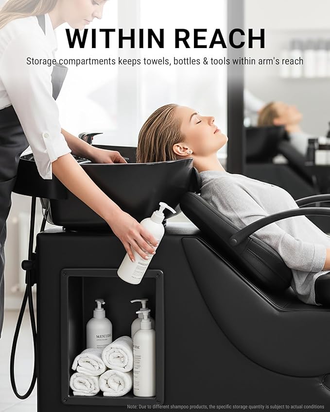 Shampoo Bowl and Chair Set for Salon, ABS Plastic Hair Washing Sink Unit for Hair Stylist, Backwash Barber Sink with Side Store Compartment for Spa Beauty, Black