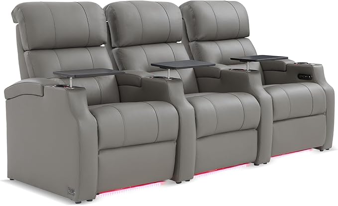 Weilianda Home Theater Seating, Top Grain Leather Sectional Seats Recliner Chair, Zero Gravity Reclining Sofa with Power Headrest 7 Colors Ambient Lighting USB C Charge Row of 3 Grey