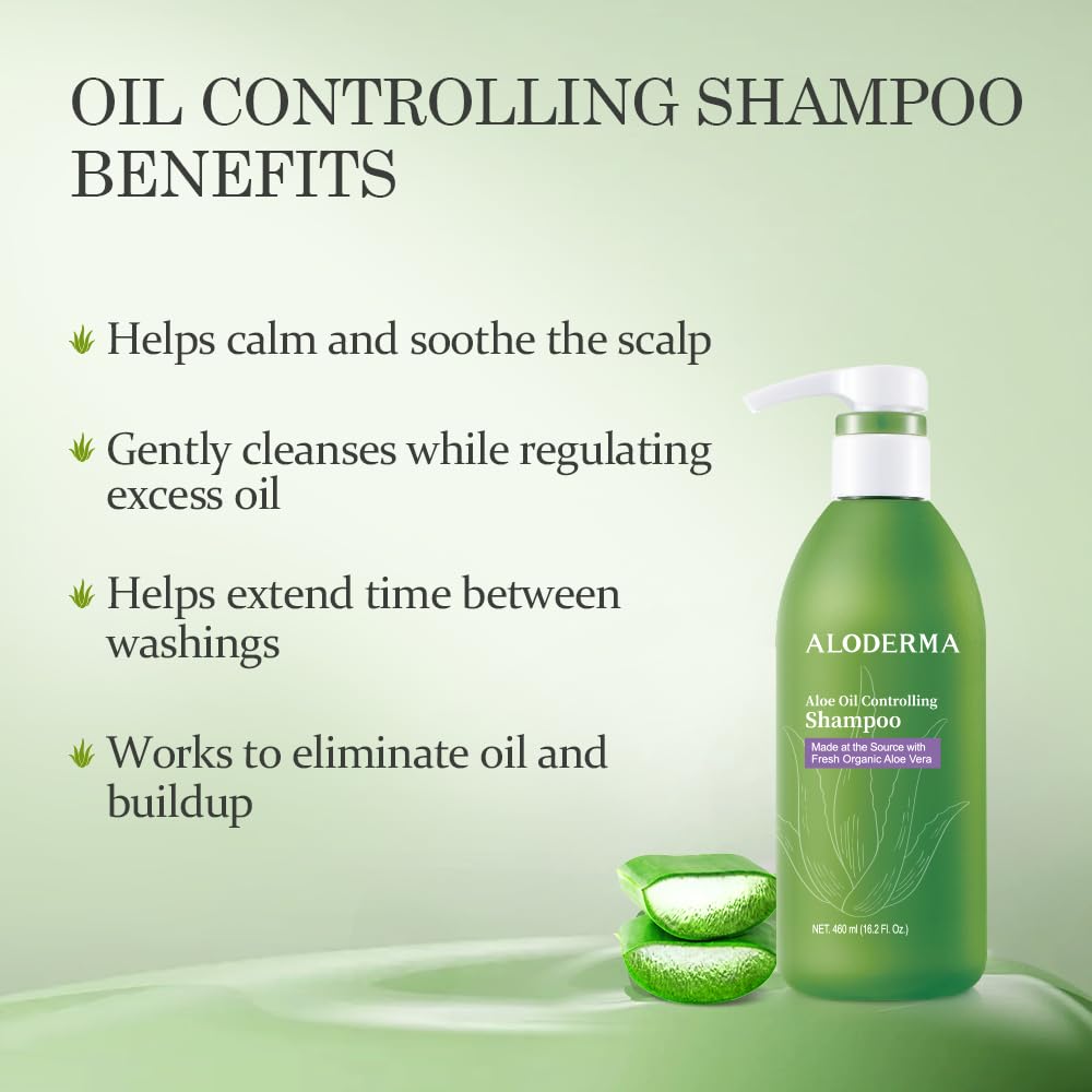 Aloderma Oil Controlling Shampoo Made with Freshly Harvest, Organic Aloe Vera for Oily Hair & Scalp - Infused with Tea Tree Oil